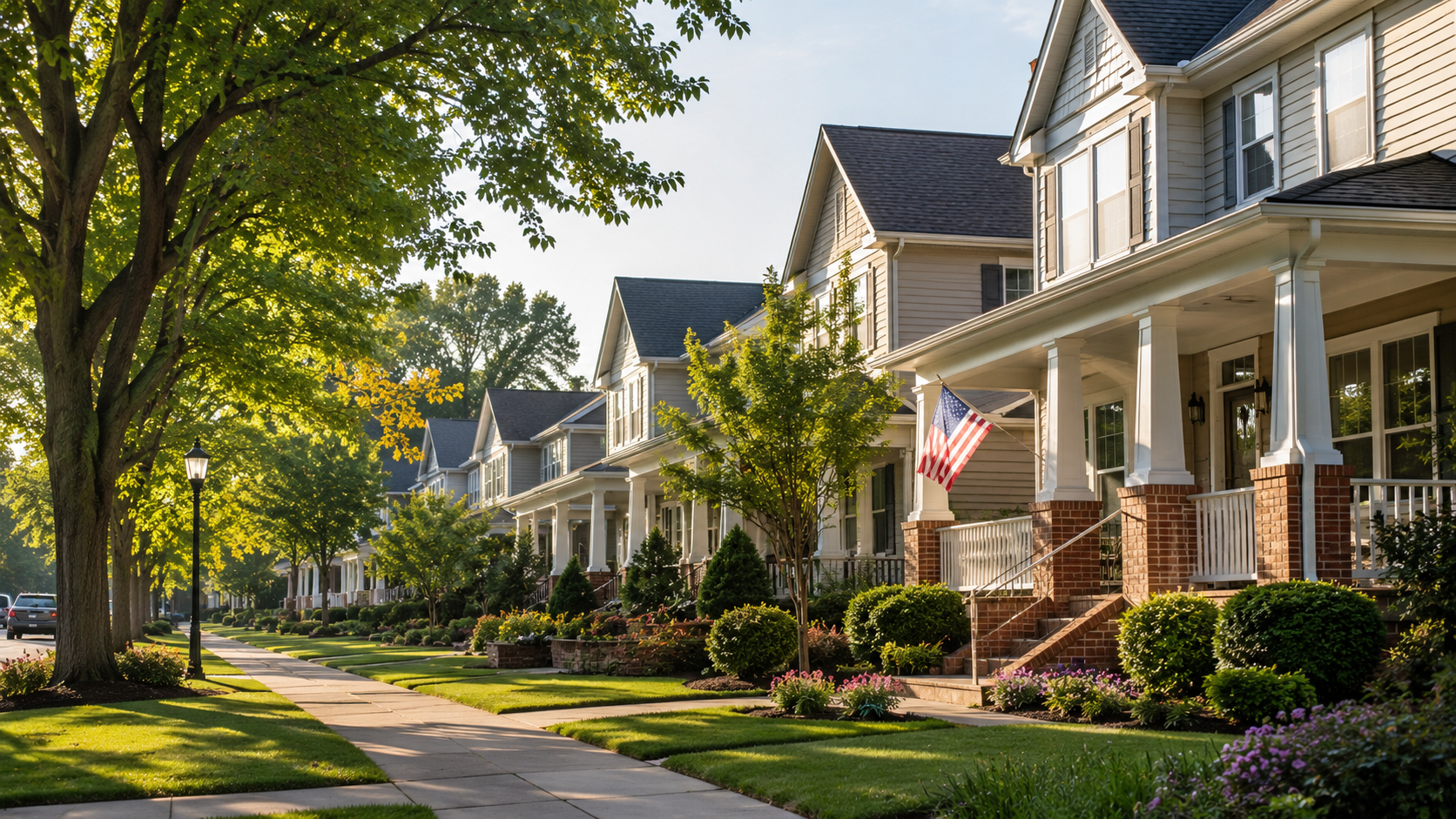 A tree-lined street of charming homes in the Shenandoah Valley, morning light.