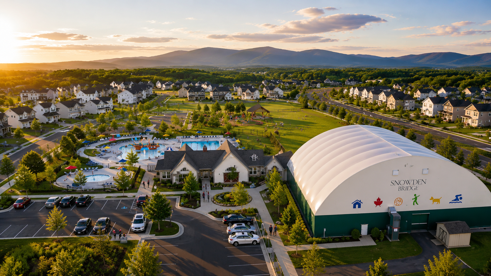 Aerial view of Snowden Bridge community with the Blue Ridge Mountains in the distance.