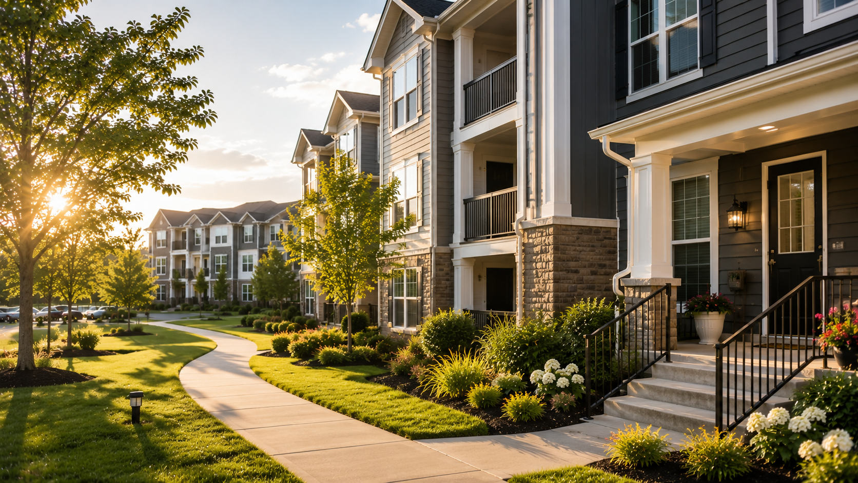 A well-kept townhome community at golden hour in the Shenandoah Valley.
