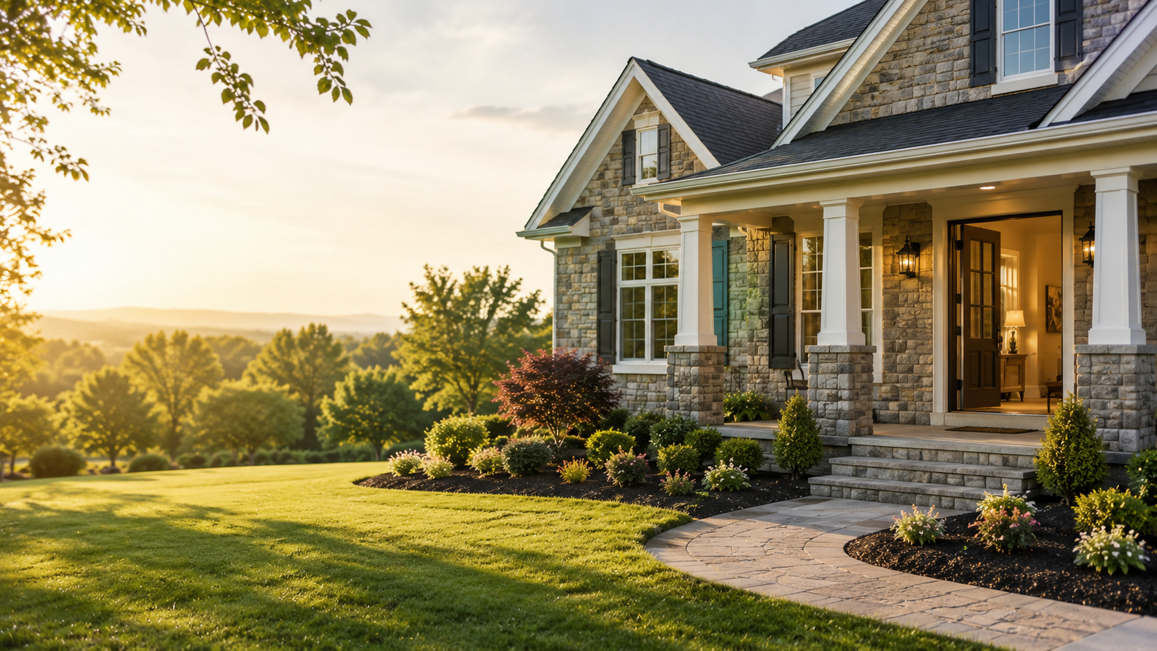 A stone-faced home overlooking the Shenandoah Valley at golden hour.