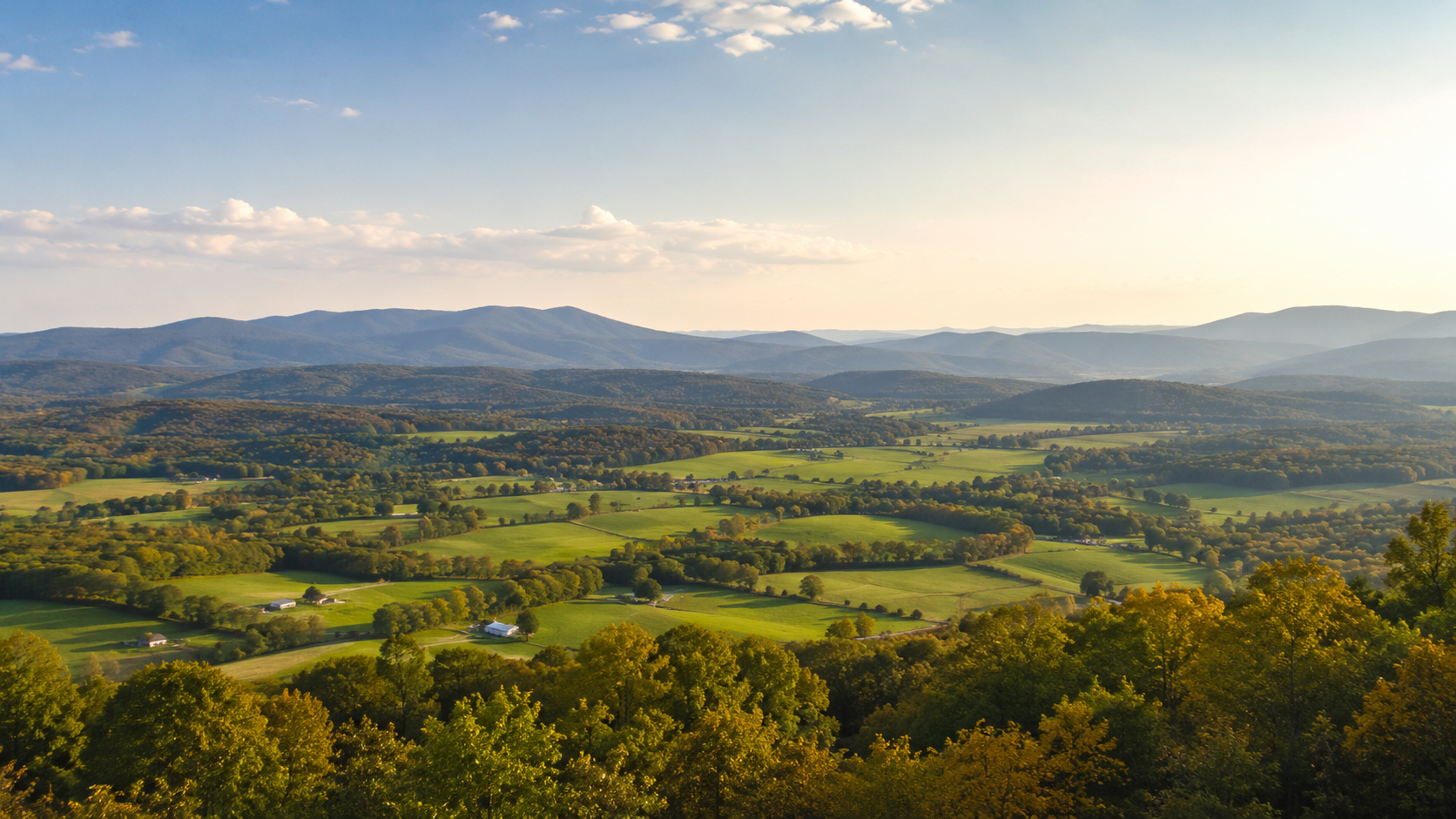 Panoramic view of the Shenandoah Valley with the Blue Ridge Mountains in the distance.
